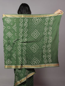 Pine Green Ivory Hand Tie & Dye Bandhej Glace Cotton Saree With Resham Border - S031701740