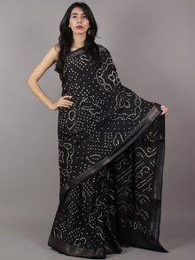 Black Ivory Hand Tie & Dye Bandhej Glace Cotton Saree With Resham Border - S031701741