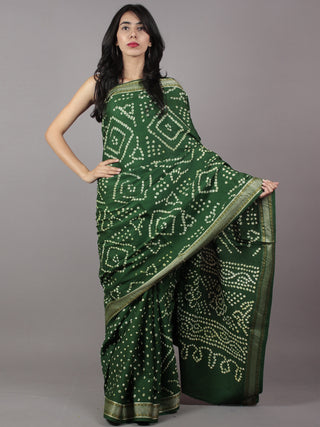 Basil Green Ivory Hand Tie & Dye Bandhej Glace Cotton Saree With Resham Border - S031701742