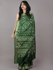 Basil Green Ivory Hand Tie & Dye Bandhej Glace Cotton Saree With Resham Border - S031701742