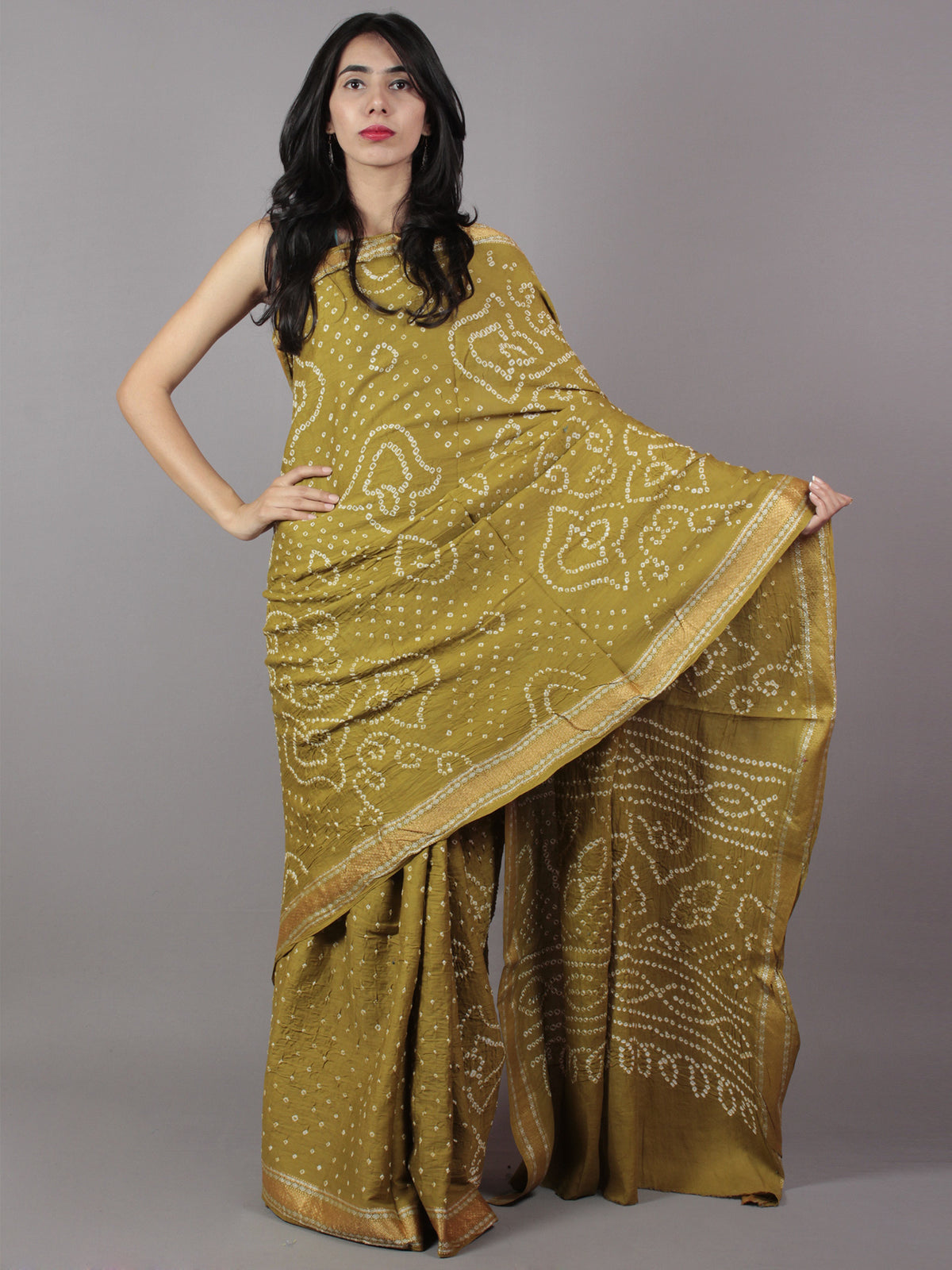 Olive Green Ivory Hand Tie & Dye Bandhej Glace Cotton Saree With Resham Border - S031701745
