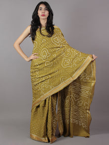 Olive Green Ivory Hand Tie & Dye Bandhej Glace Cotton Saree With Resham Border - S031701745
