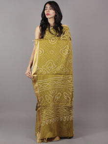 Olive Green Ivory Hand Tie & Dye Bandhej Glace Cotton Saree With Resham Border - S031701745
