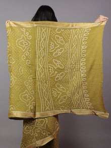 Olive Green Ivory Hand Tie & Dye Bandhej Glace Cotton Saree With Resham Border - S031701745