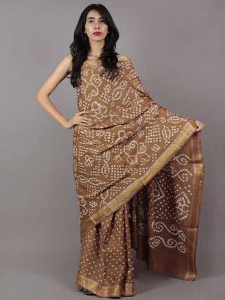 Cedar Brown Ivory Hand Tie & Dye Bandhej Glace Cotton Saree With Resham Border - S031701746