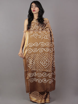 Cedar Brown Ivory Hand Tie & Dye Bandhej Glace Cotton Saree With Resham Border - S031701746