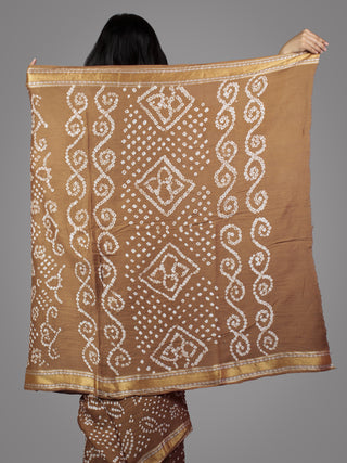 Cedar Brown Ivory Hand Tie & Dye Bandhej Glace Cotton Saree With Resham Border - S031701746