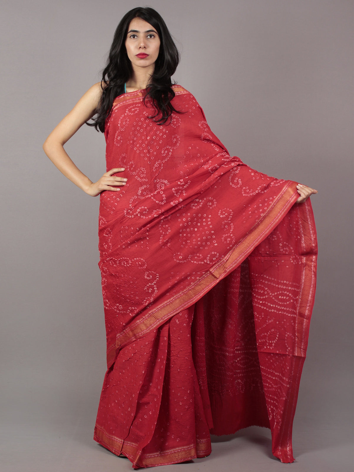 Maroon Ivory Hand Tie & Dye Bandhej Glace Cotton Saree With Resham Border - S031701747