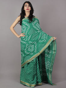 Teal Green Ivory Hand Tie & Dye Bandhej Glace Cotton Saree With Resham Border - S031701751