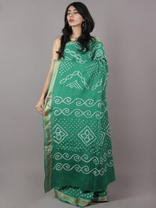 Teal Green Ivory Hand Tie & Dye Bandhej Glace Cotton Saree With Resham Border - S031701751