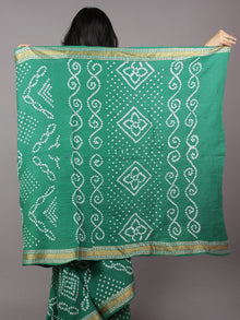 Teal Green Ivory Hand Tie & Dye Bandhej Glace Cotton Saree With Resham Border - S031701751