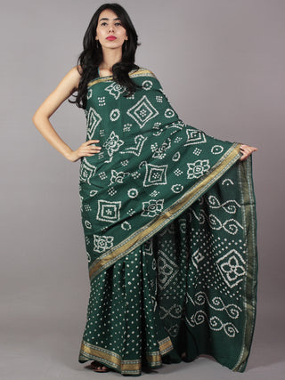 Moss Green Ivory Hand Tie & Dye Bandhej Glace Cotton Saree With Resham Border - S031701752