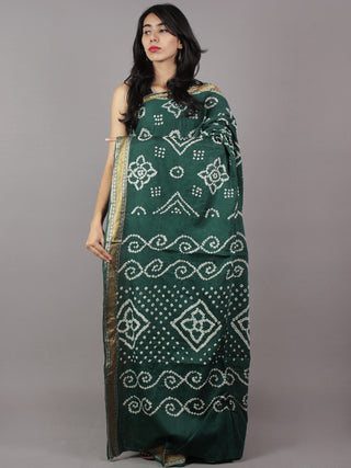 Moss Green Ivory Hand Tie & Dye Bandhej Glace Cotton Saree With Resham Border - S031701752