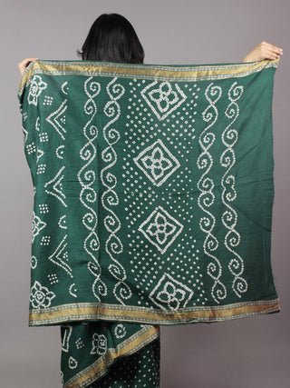 Moss Green Ivory Hand Tie & Dye Bandhej Glace Cotton Saree With Resham Border - S031701752