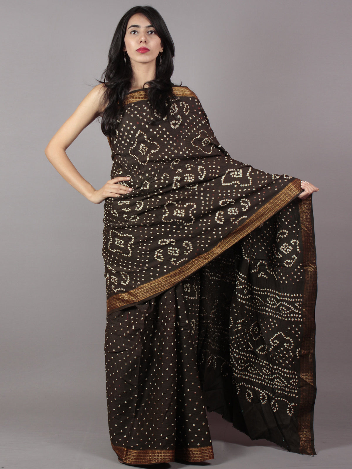 Charcoal Brown Ivory Hand Tie & Dye Bandhej Glace Cotton Saree With Resham Border - S031701753