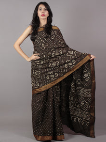 Charcoal Brown Ivory Hand Tie & Dye Bandhej Glace Cotton Saree With Resham Border - S031701753