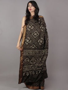 Charcoal Brown Ivory Hand Tie & Dye Bandhej Glace Cotton Saree With Resham Border - S031701753