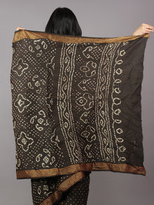 Charcoal Brown Ivory Hand Tie & Dye Bandhej Glace Cotton Saree With Resham Border - S031701753