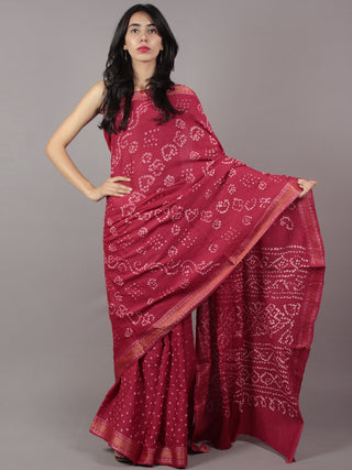 Maroon Ivory Hand Tie & Dye Bandhej Glace Cotton Saree With Resham Border - S031701754