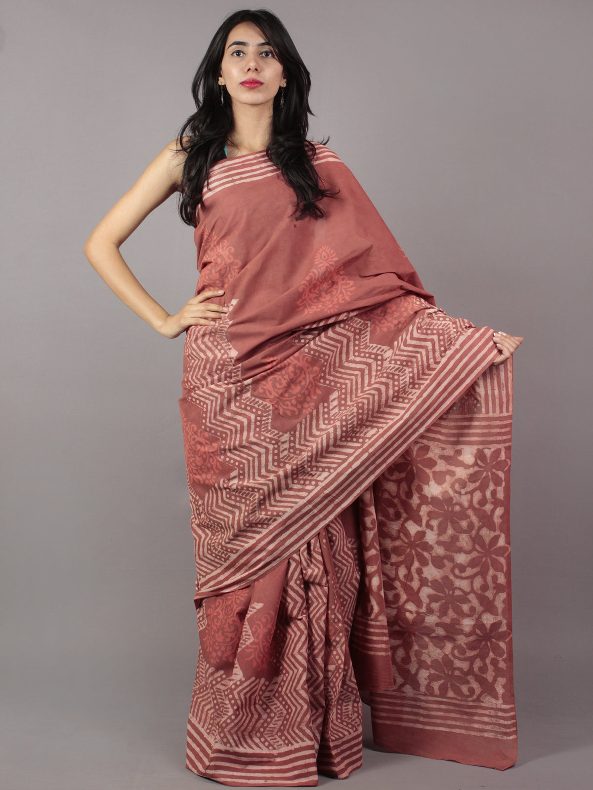 Rust Ivory Hand Block Printed Cotton Saree - S031701756
