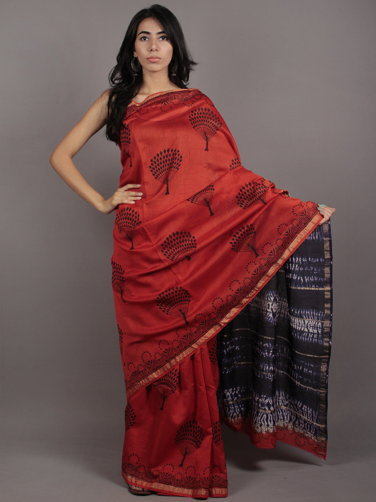 Scarlet Red Indigo Ivory Hand Block Printed & Hand Shibori Dyed Chanderi Silk Saree - S031701759