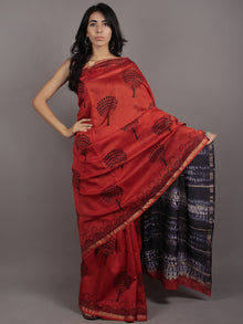 Scarlet Red Indigo Ivory Hand Block Printed & Hand Shibori Dyed Chanderi Silk Saree - S031701759