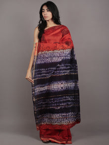 Scarlet Red Indigo Ivory Hand Block Printed & Hand Shibori Dyed Chanderi Silk Saree - S031701759