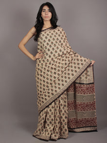 Beige Green Maroon Hand Block Printed Cotton Mul Saree - S031701761