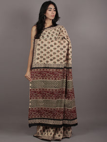Beige Green Maroon Hand Block Printed Cotton Mul Saree - S031701761