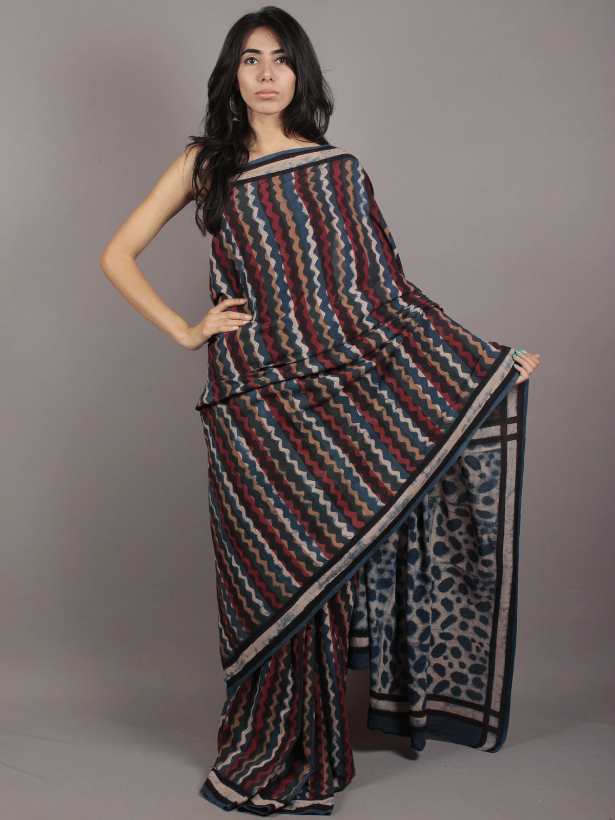 Indigo Ivory Maroon Rust Bagru Dabu Hand Block Printed in Cotton Mul Saree - S031701763