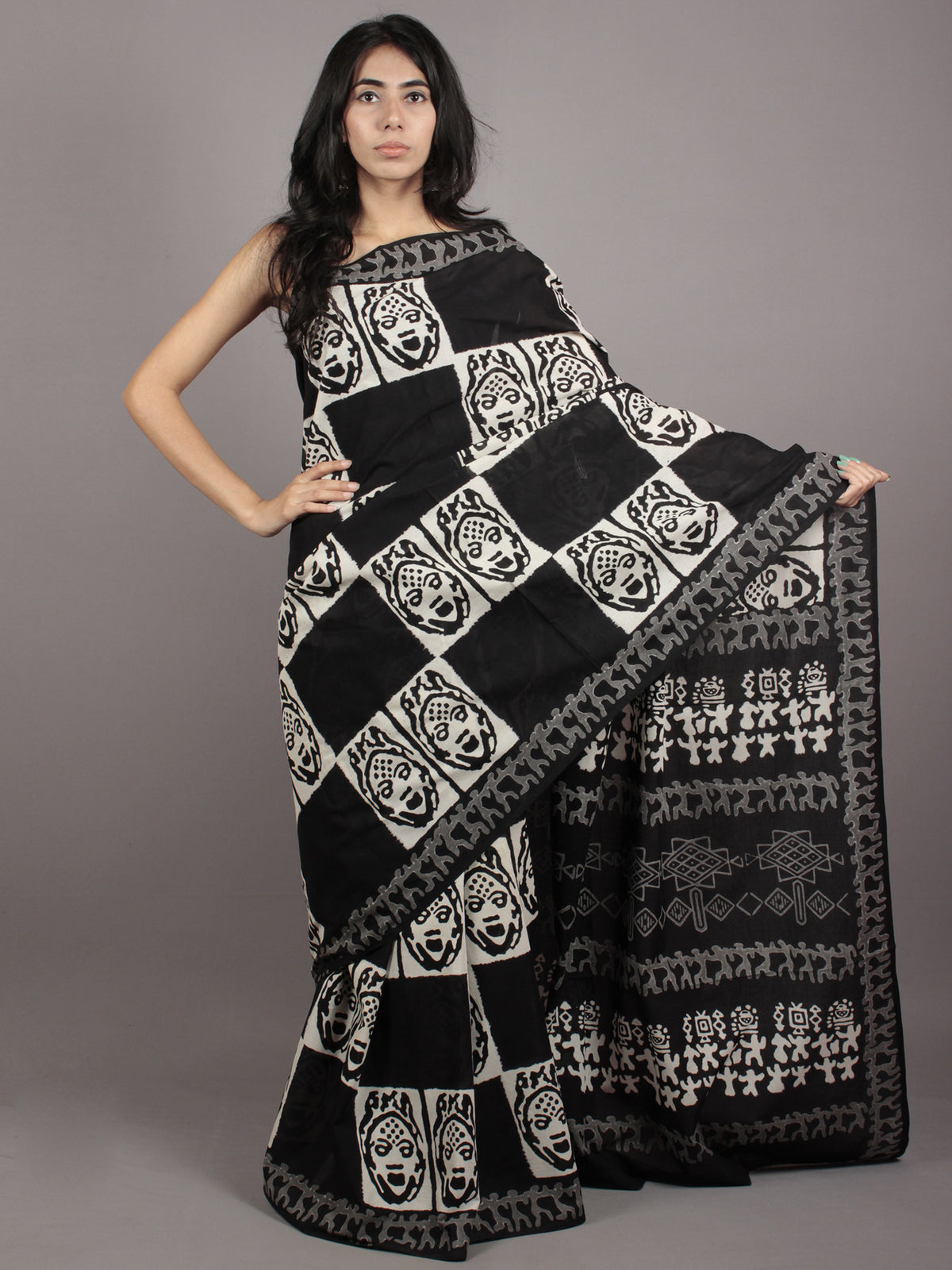 Black White Grey Hand Block Printed in Natural Colors Cotton Mul Saree - S031701764