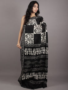 Black White Grey Hand Block Printed in Natural Colors Cotton Mul Saree - S031701764
