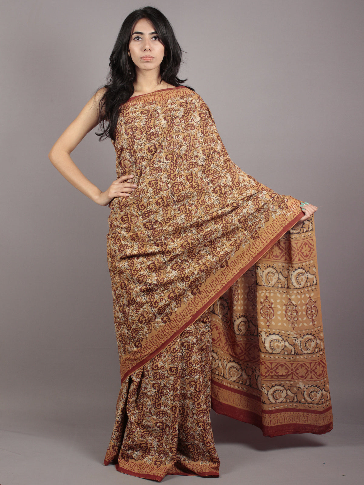 Rust Maroon Ivory Black Hand Block Printed in Cotton Mul Saree - S031701765