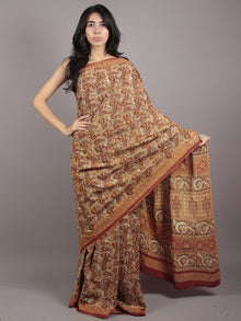 Rust Maroon Ivory Black Hand Block Printed in Cotton Mul Saree - S031701765