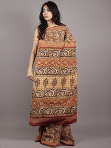 Rust Maroon Ivory Black Hand Block Printed in Cotton Mul Saree - S031701765