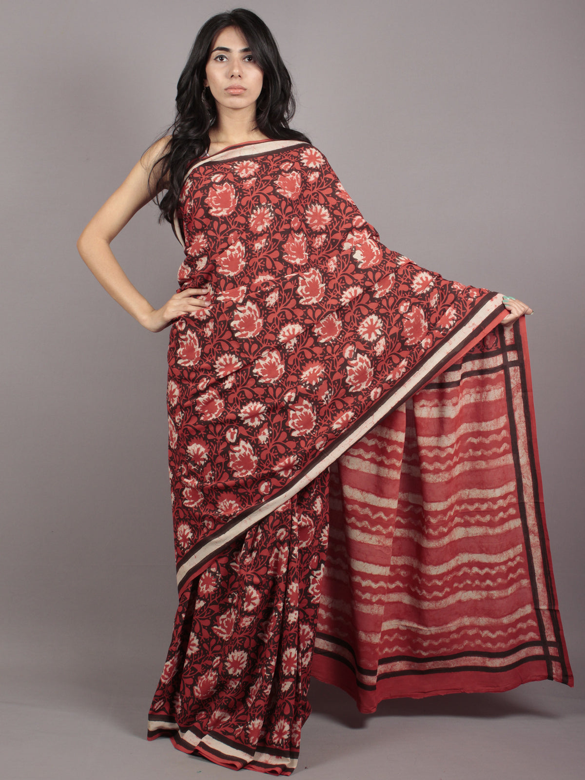 Syrup Red Black Ivory Black Hand Block Printed in Cotton Mul Saree - S031701767
