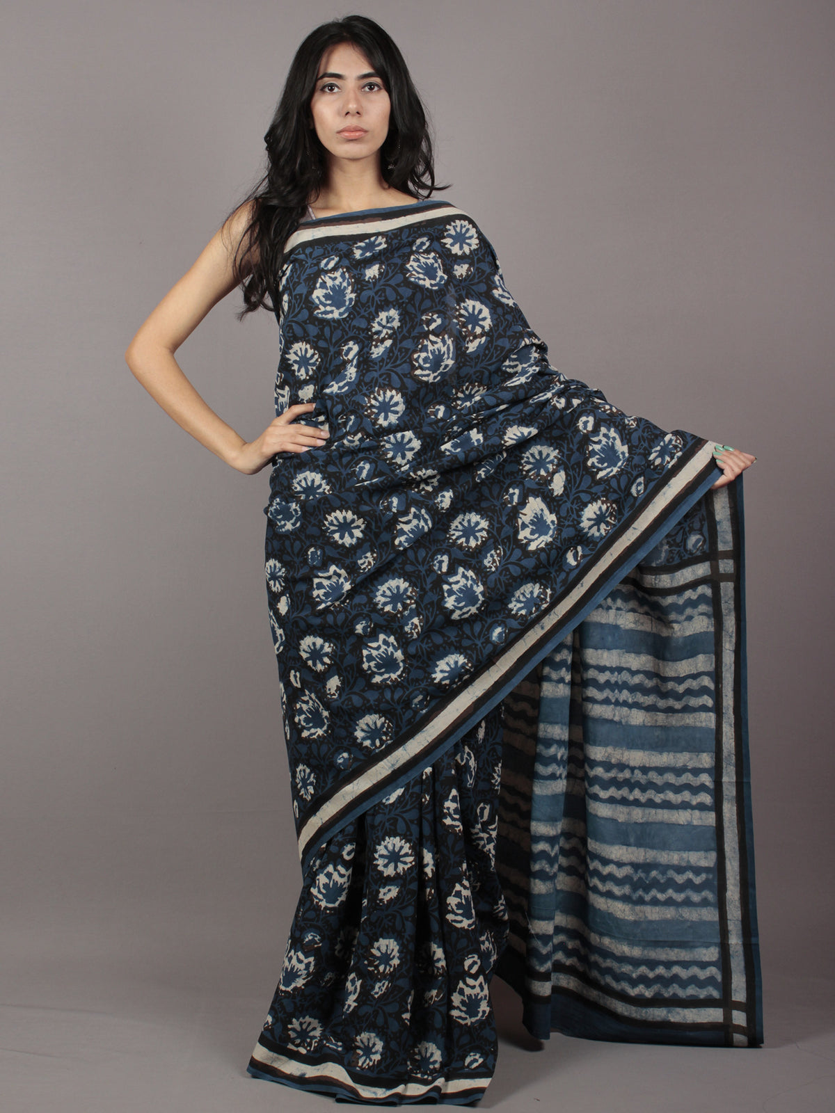 Indigo Black Ivory Black Hand Block Printed in Cotton Mul Saree - S031701768