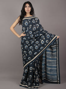 Indigo Black Ivory Black Hand Block Printed in Cotton Mul Saree - S031701768