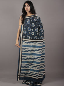 Indigo Black Ivory Black Hand Block Printed in Cotton Mul Saree - S031701768