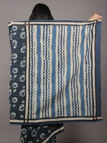 Indigo Black Ivory Black Hand Block Printed in Cotton Mul Saree - S031701768