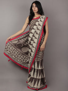 Kashish Ivory Hand Block Printed & Thread Embroidered Cotton Saree With Red & Sea Green Border & Tassels - S031701773