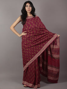 Gingerbread Maroon Ivory Green Hand Block Printed in Cotton Mul Saree - S031701775