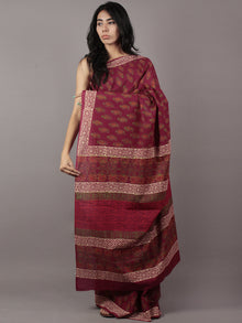 Gingerbread Maroon Ivory Green Hand Block Printed in Cotton Mul Saree - S031701775