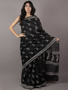 Black White Grey Hand Block Printed in Cotton Mul Saree - S031701776
