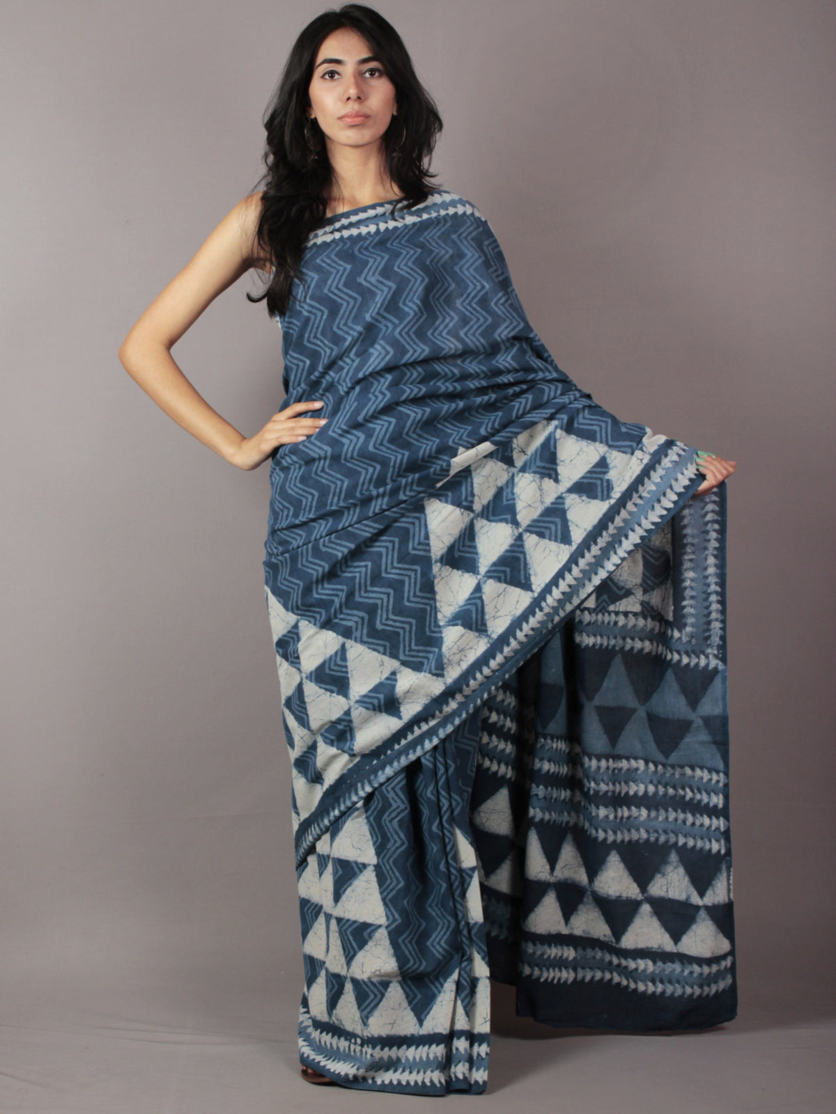 Indigo Ivory Hand Block Printed in Cotton Mul Saree - S031701777