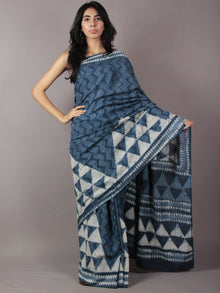 Indigo Ivory Hand Block Printed in Cotton Mul Saree - S031701777