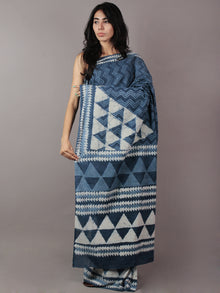 Indigo Ivory Hand Block Printed in Cotton Mul Saree - S031701777