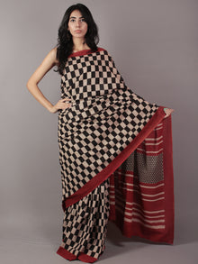 Black Beige Maroon Hand Block Printed in Cotton Mul Saree - S031701778