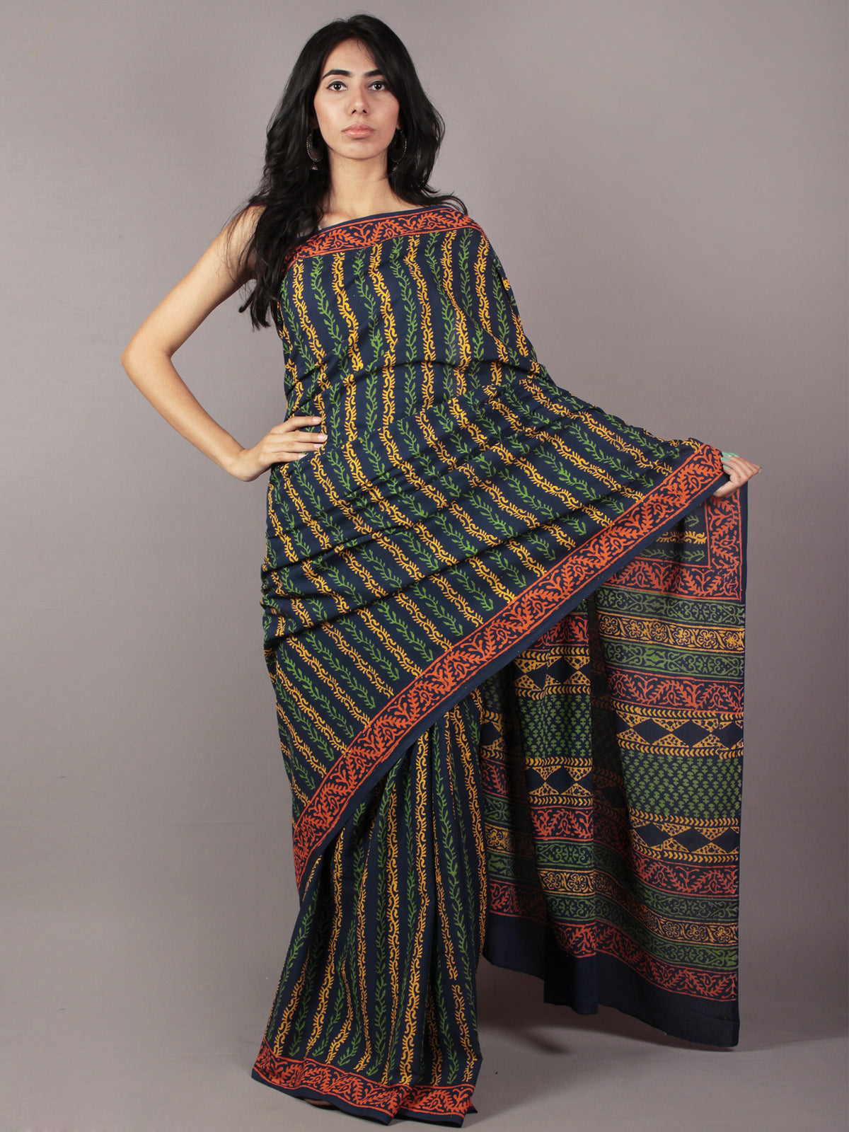 Indigo Green Yellow Red Hand Block Printed in Cotton Mul Saree - S031701779