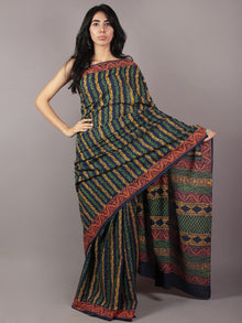 Indigo Green Yellow Red Hand Block Printed in Cotton Mul Saree - S031701779
